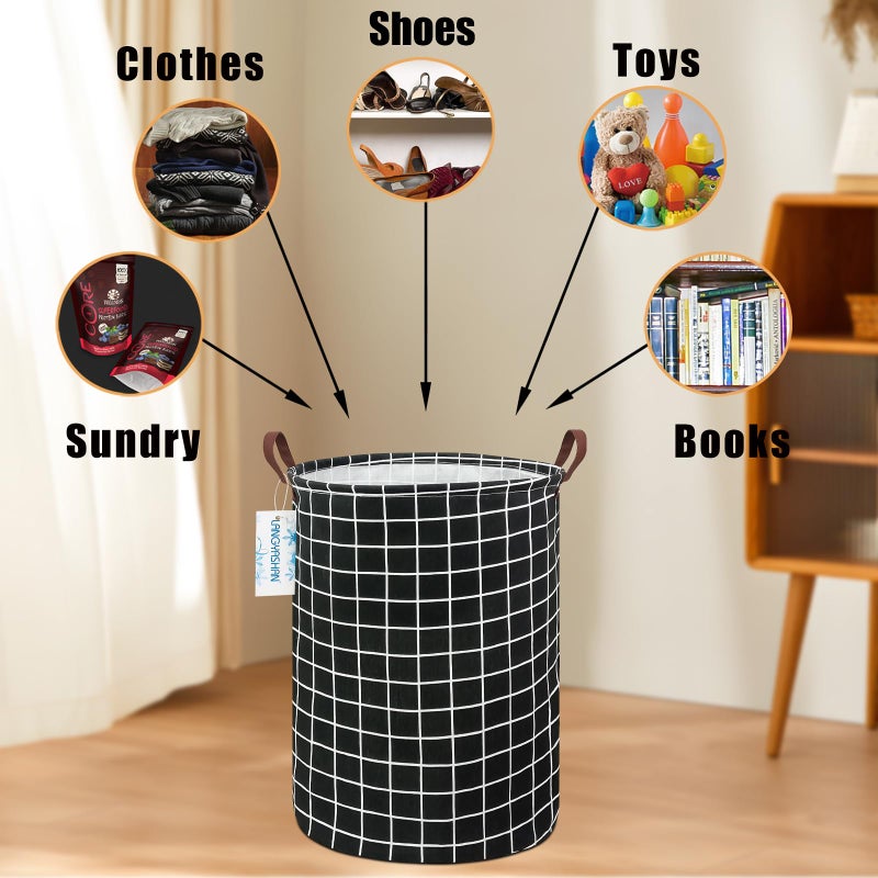 LANGYASHAN Laundry Basket Canvas Fabric Collapsible Organizer Basket for Storage Bin Toy Bins Gift Baskets Bedroom Clothes Children Nursery Hamper (Black Grid) - Image 4